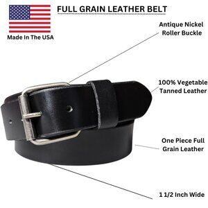 Men's Full Grain American 100% Steer Hide Leather Black Belt 1 1/2" width, USA